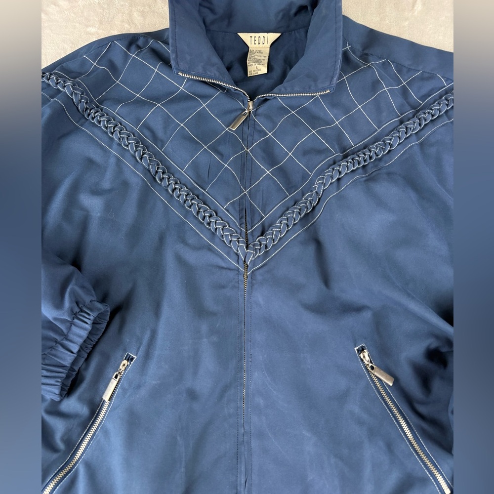 Vintage 80s 90s Teddi Women’s Blue Cropped Jacket Size L Quilted Chain Detail - Picture 4 of 9